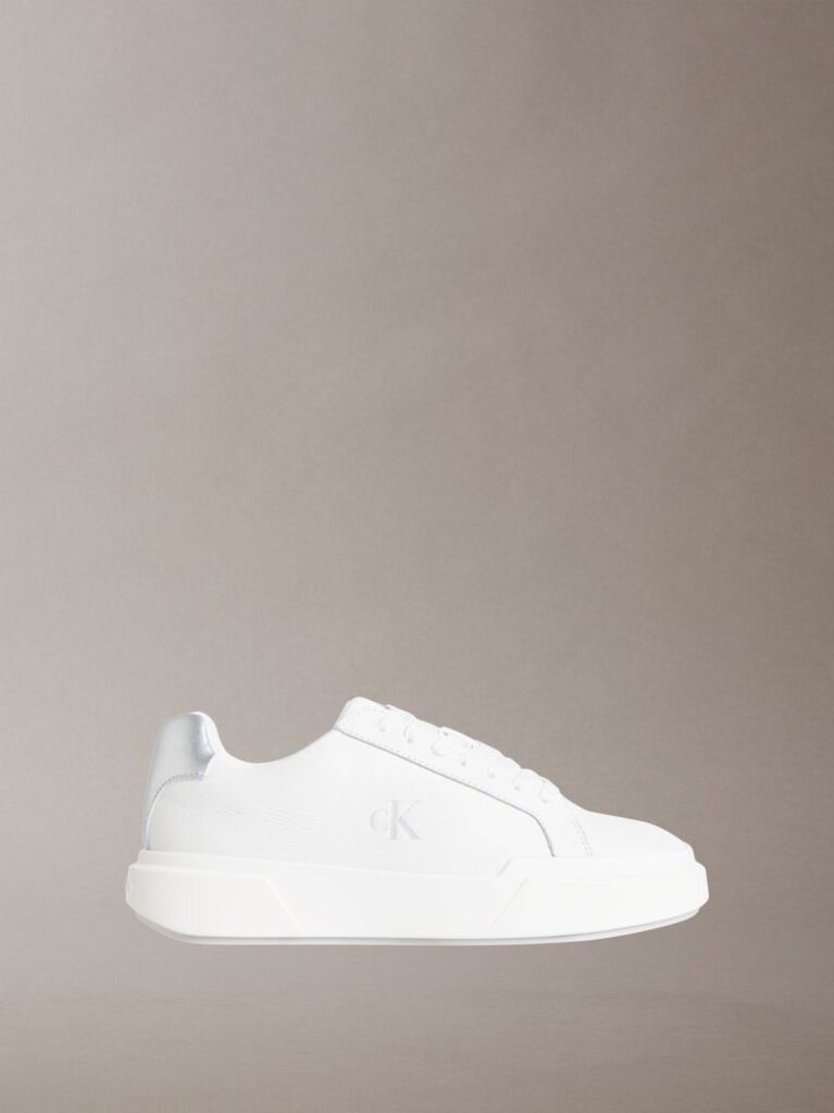 White Leather Silver Tab Chunky Trainers  Women