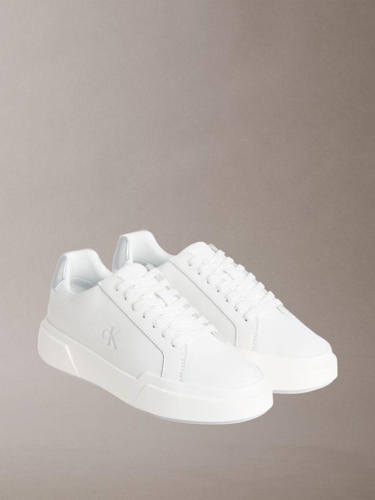 White Leather Silver Tab Chunky Trainers  Women