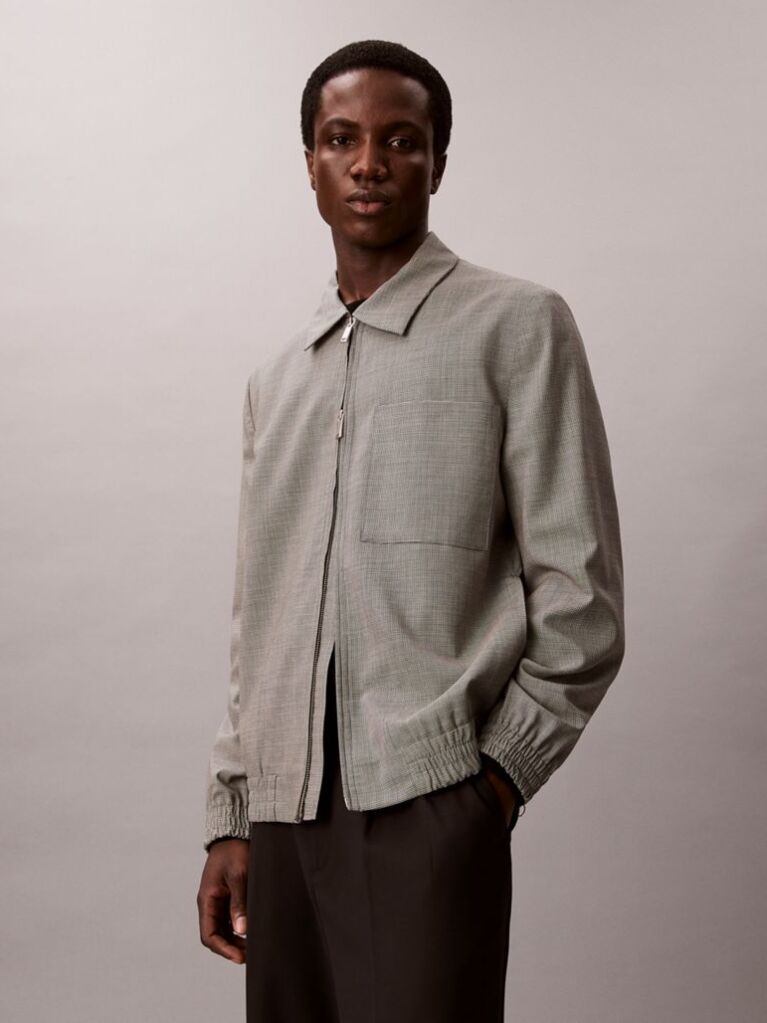 Λευκό Μάλλινο Blouson Jacket Με Houndstooth Σχέδιο  Άνδρας