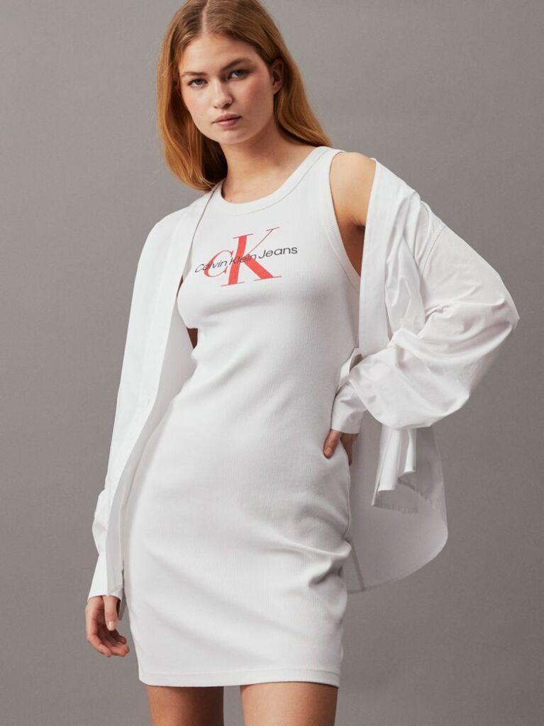 White Ribbed Cotton Monogram Tank Dress  Women