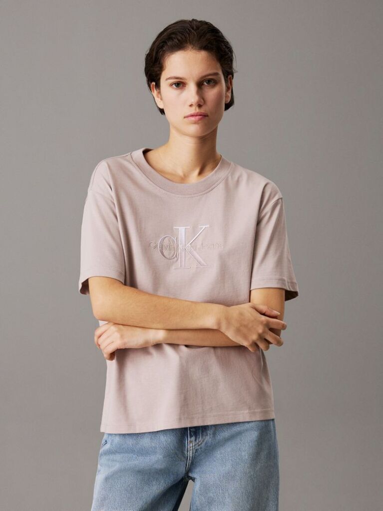 Γκρι T-shirt Με Λογότυπο Σε Άνετη Γραμμή  Γυναίκα