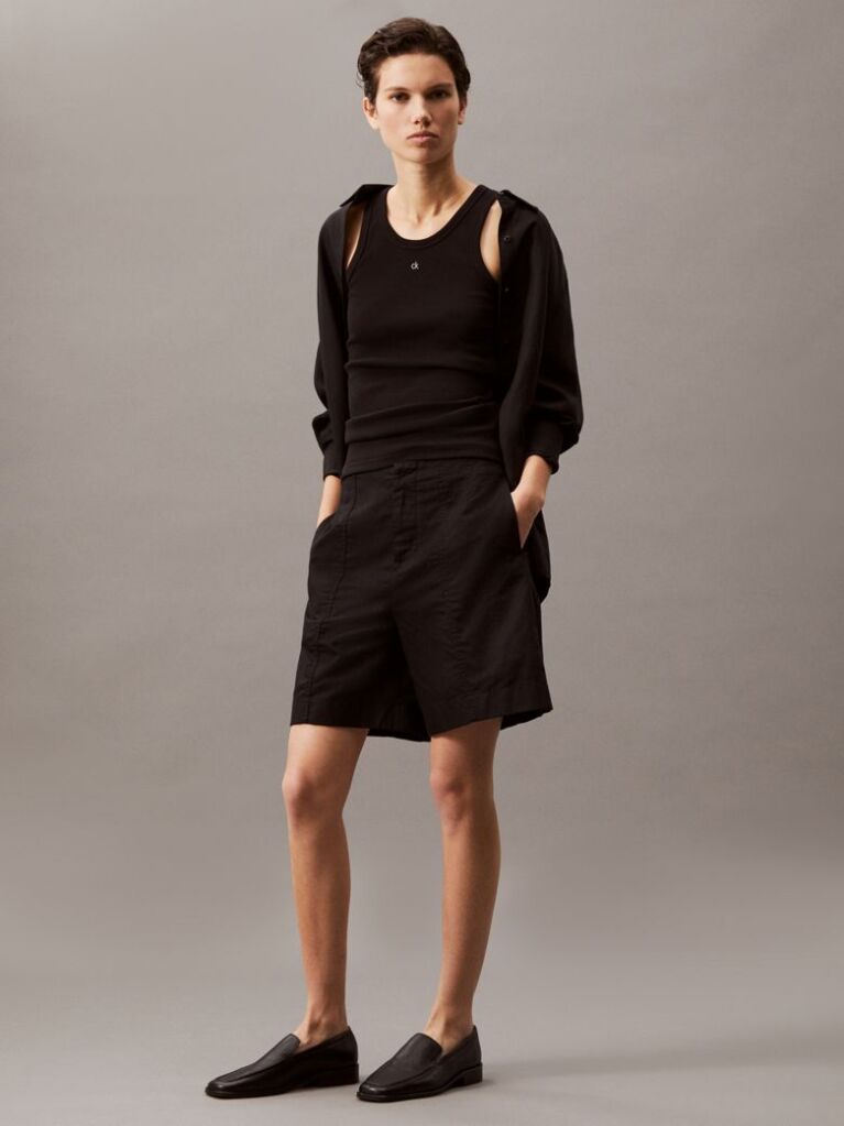 Μαύρο Βαμβακερό Λινό Σορτς Από Twill  Γυναίκα