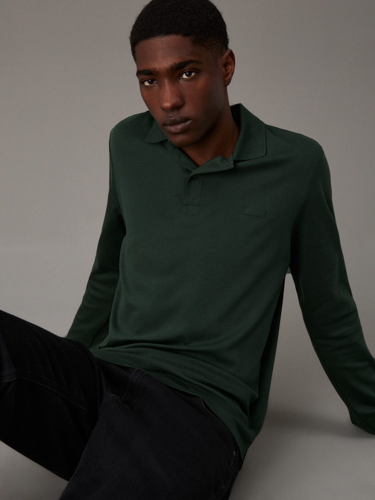 Green Slim Long Sleeve Polo Shirt  Men