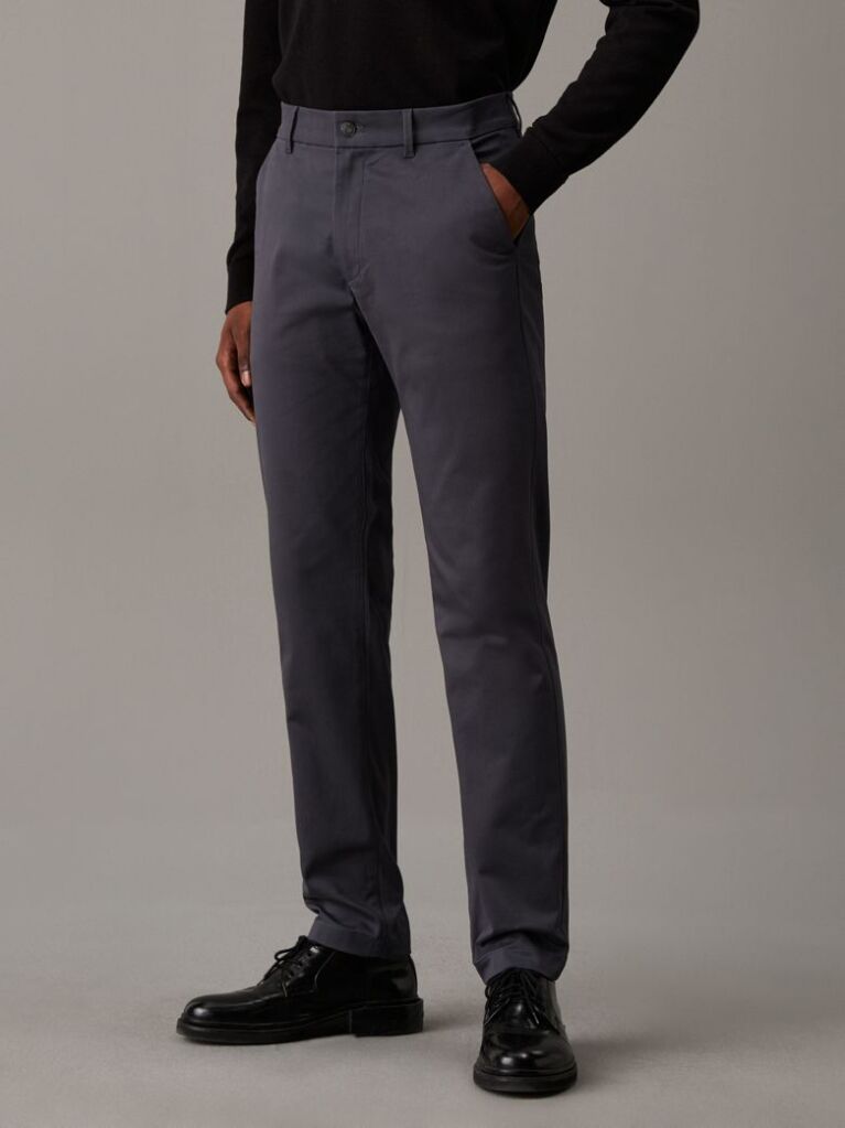 Grey Slim Sateen Chino Trousers  Men