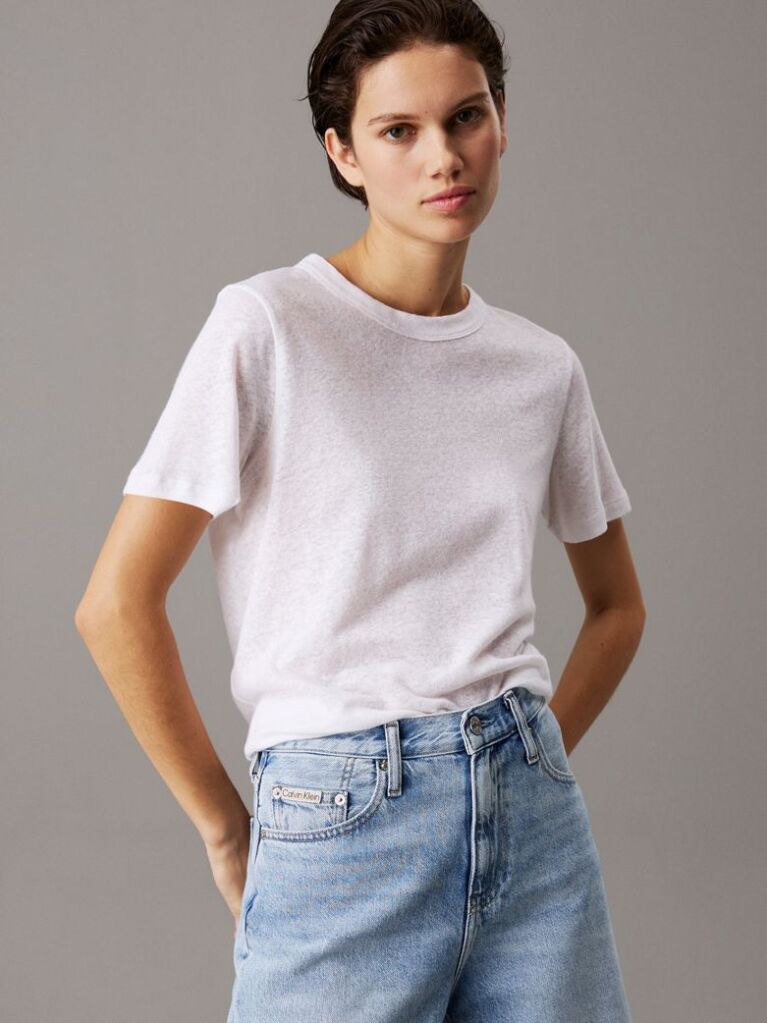 Λευκό Άνετο Λινό Jersey T-shirt  Γυναίκα