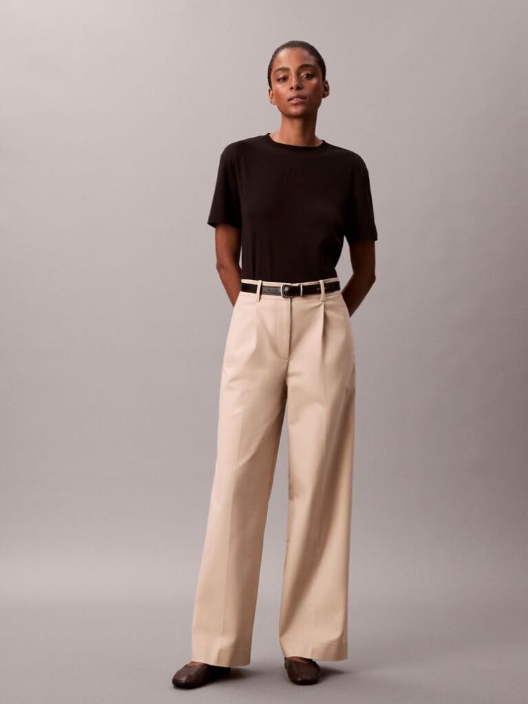 Khaki Wide Leg Chino Trousers  Women