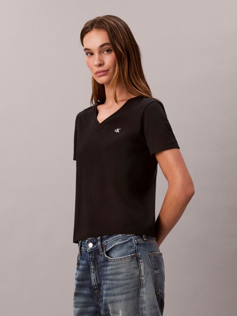 Μαύρο Άνετο T-shirt Με V-Λαιμόκοψη Και Μονόγραμμα  Γυναίκα