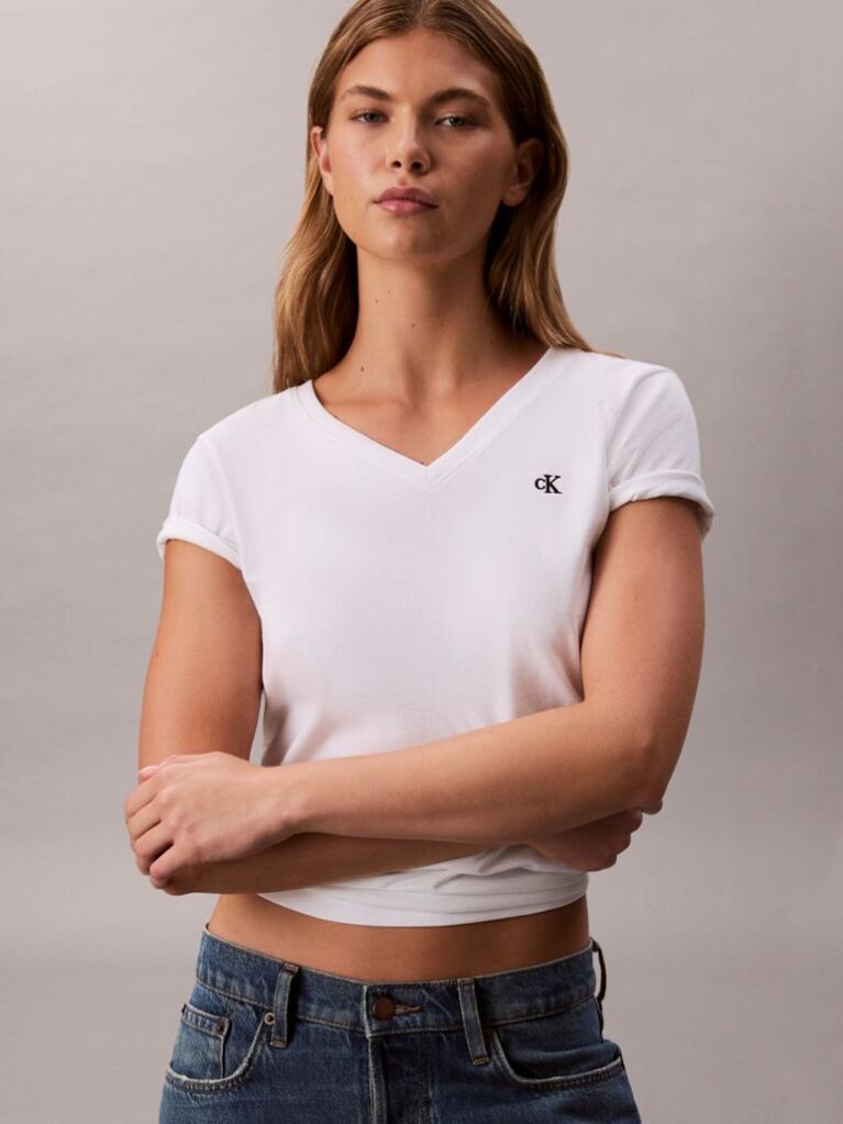 Λευκό Άνετο T-shirt Με V-Λαιμόκοψη Και Μονόγραμμα  Γυναίκα