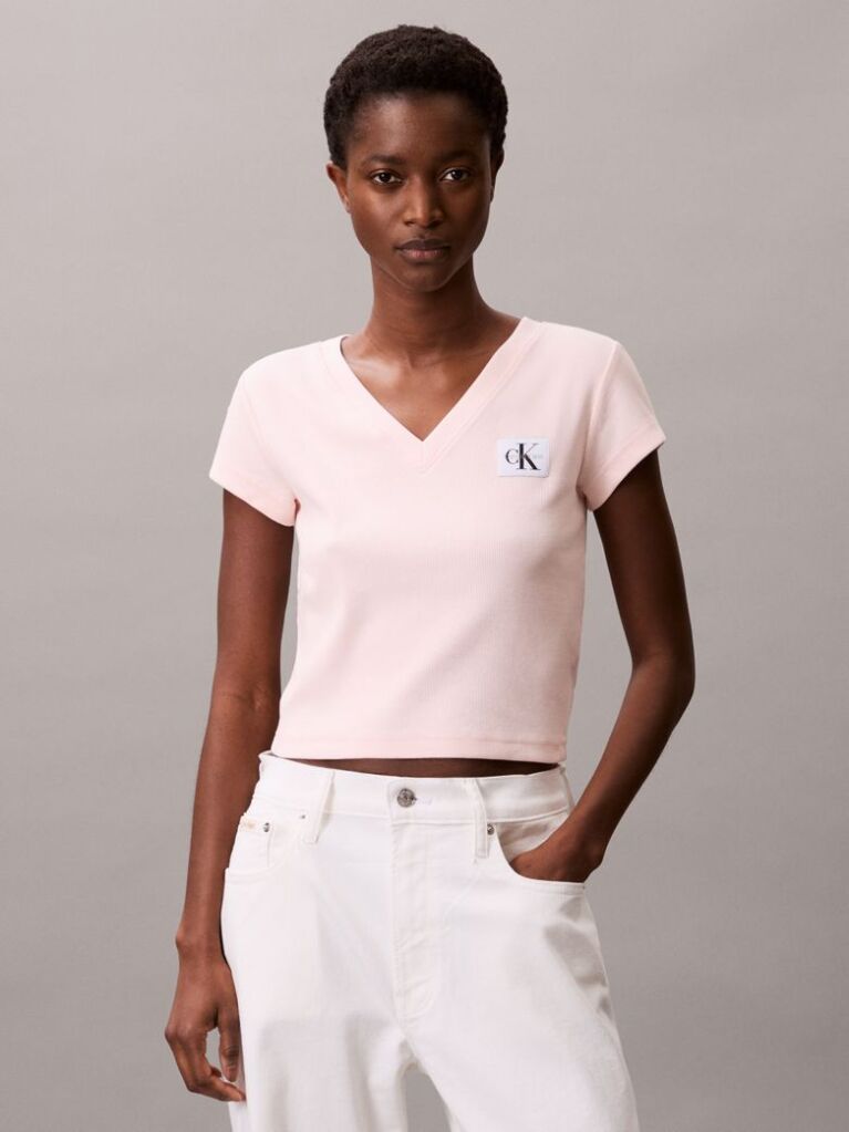 Pink Ribbed Cotton V-Neck T-shirt  Women