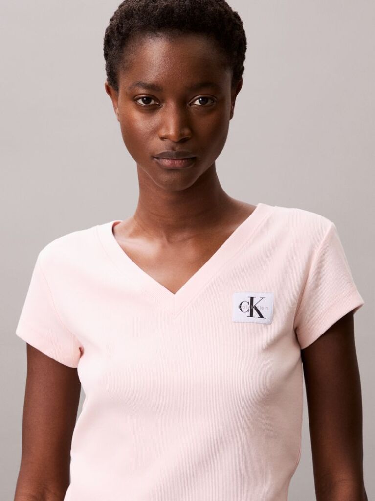Pink Ribbed Cotton V-Neck T-shirt  Women