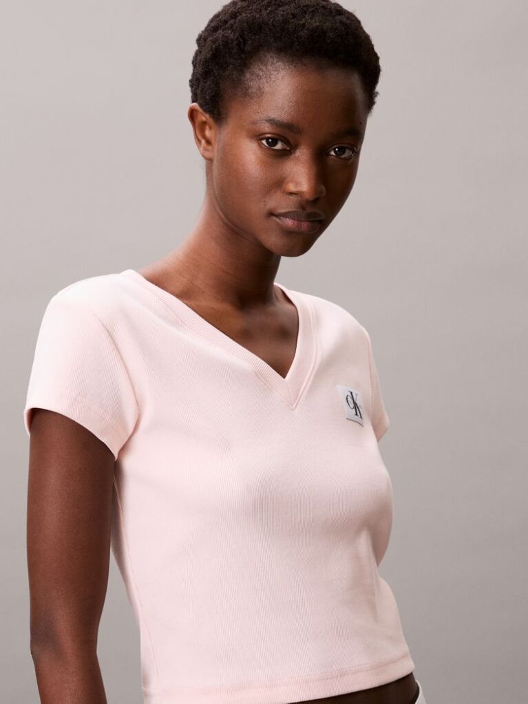 Pink Ribbed Cotton V-Neck T-shirt  Women