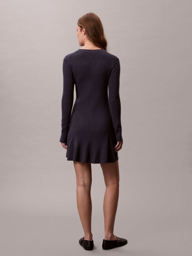 Blue Cotton Knit Long Sleeve Mini Dress  Women
