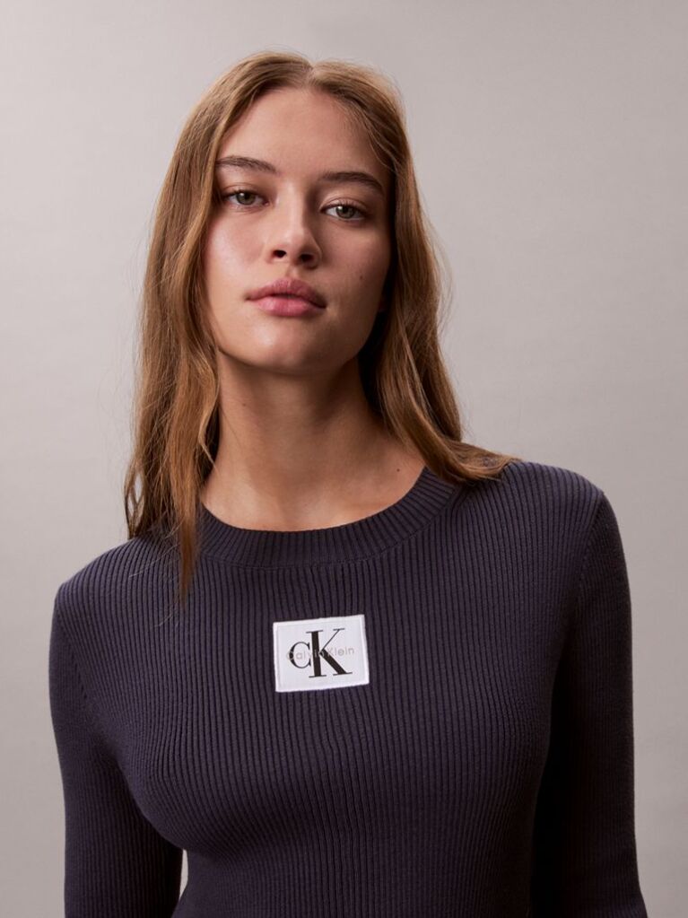 Blue Cotton Knit Long Sleeve Mini Dress  Women
